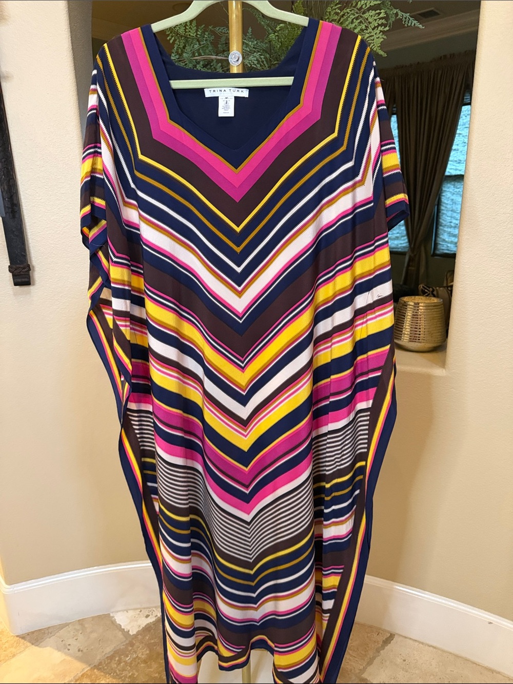 Trina Turk Theodora Caftan Chevron Maxi Dress Elevated Swimsuit Coverup M/L